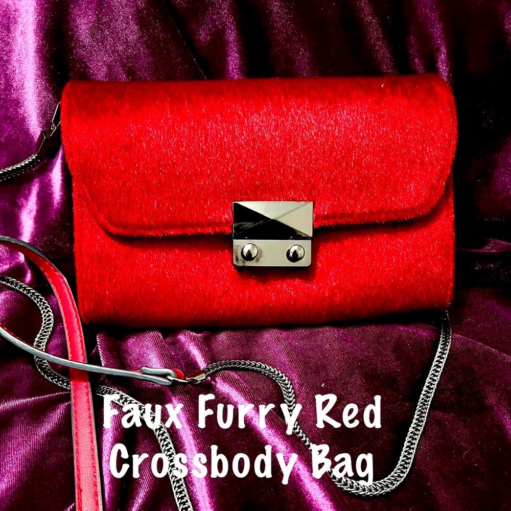 Red Faux Fuzzy Fur Crossbody Wallet Handbag